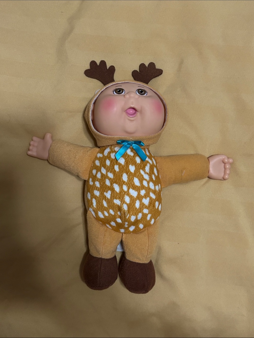 Plush Reindeer Baby Doll in Tan with Blue Bow